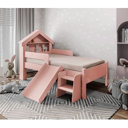 Cama Infantil Casinha Castelo Escorregador e Escada Criança Grade de Proteção com Colchão Cor Rosa - 2