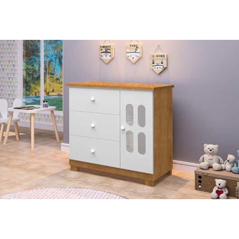 Cômoda / Sapateira SOF 3 Gavetas e 1 Porta Com Detalhes Vazados Com Visoresem Acrílico Fosco Cor Nat