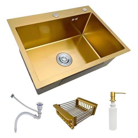 Cuba Pia Aço Inox Cozinha Gourmet Dourada com Acessórios 60x45 - Brinovar