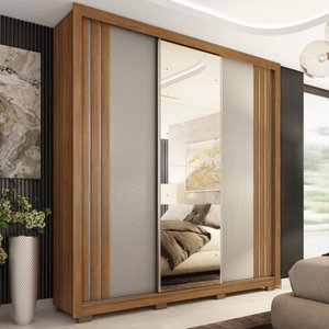 Guarda Roupa Casal 3 Portas com Espelho e 2 Gavetas Moema - Amêndola Touch/ Nude e Preto Prime Tx