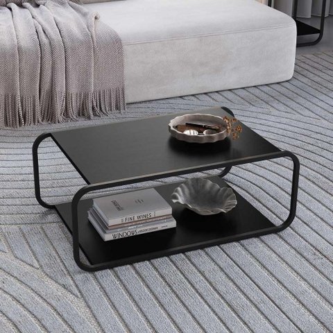 Mesa de Centro Sala Orgânica 80cm x 48cm Cantos Arredondados e Pés em Metal Cor:Nero com Preto