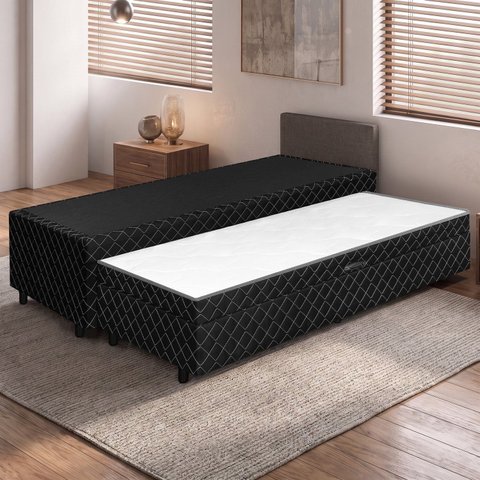 Base Box Solteiro c/ Baú na Cama Auxiliar Gaby 88x188 Preto