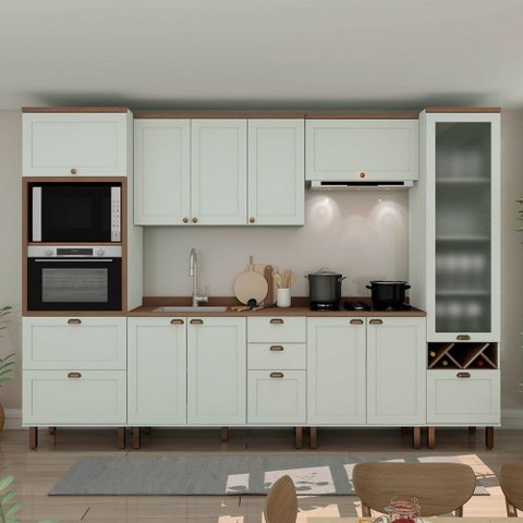 Cozinha Completa Ayla 11 Portas 5 Gavetas 100% MDF com Vidro Verde Mint - Genialflex