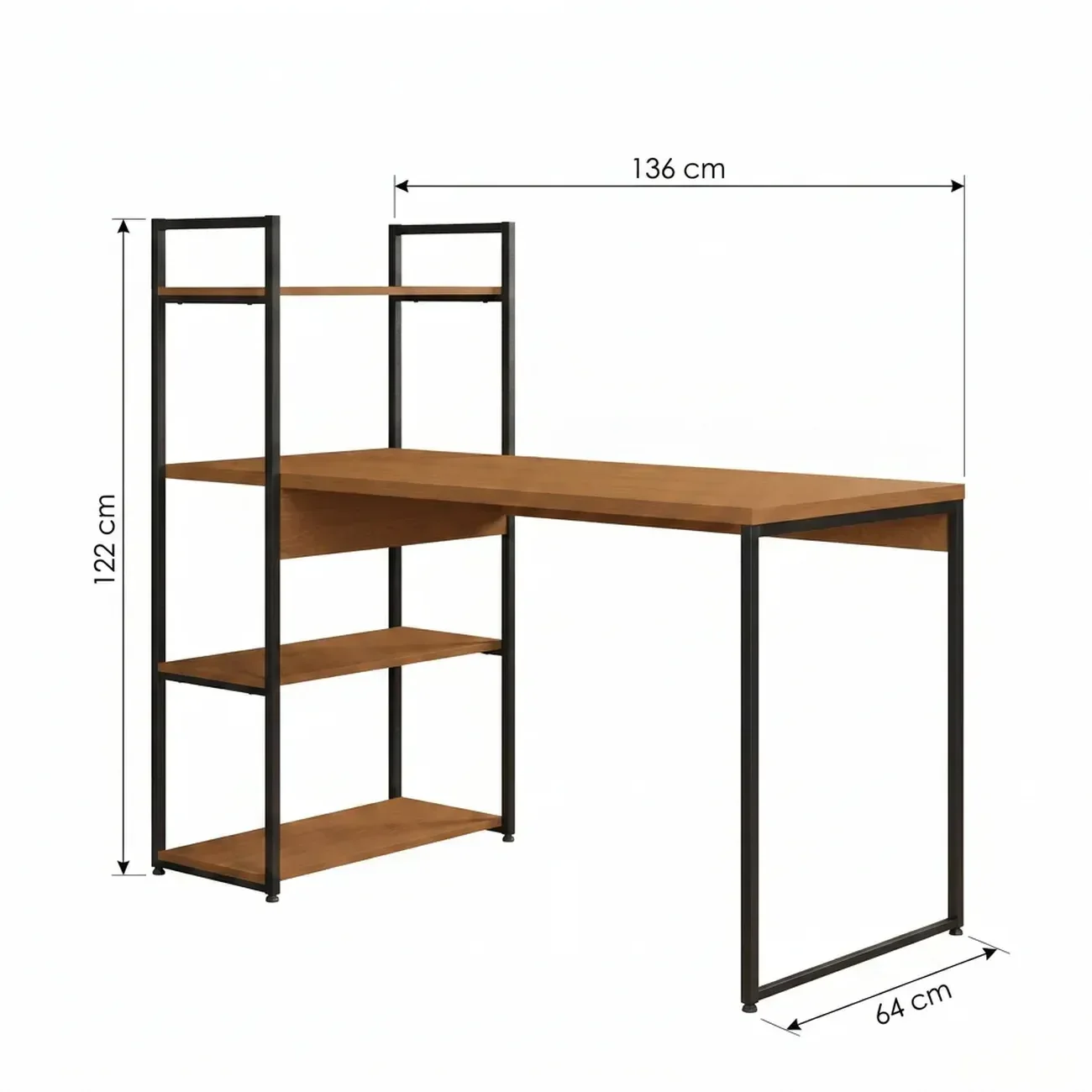 Ver imagem 3 de Escrivaninha com Estante 3 Prateleiras Industrial 136cm Canela/Preto
