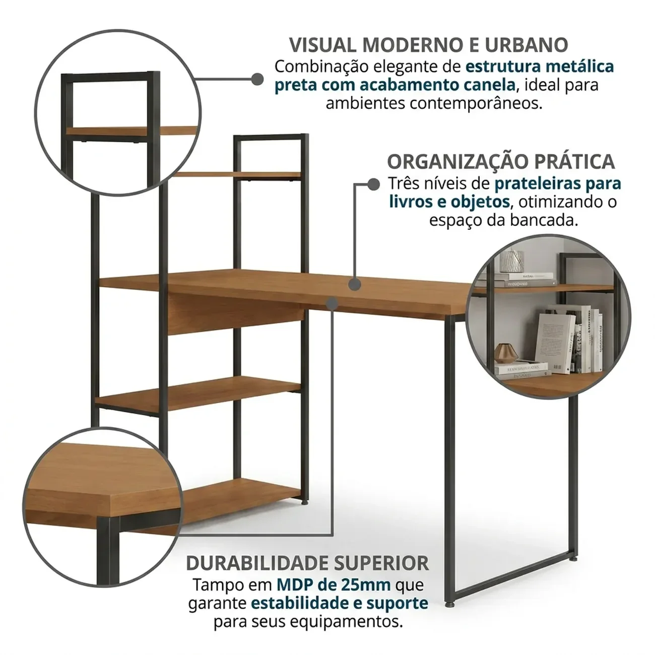 Ver imagem 4 de Escrivaninha com Estante 3 Prateleiras Industrial 136cm Canela/Preto