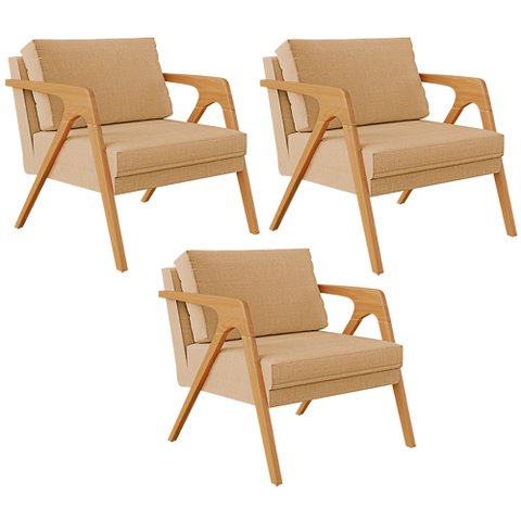 Kit 3 Poltronas Decorativa para Sala Pietra Estrutura de Madeira L02 Linho Bege Escuro - Lyam