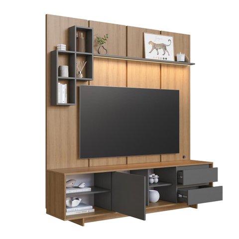 Rack Painel TV até 55 Polegadas 180cm e Iluminação em LED Linea Mel/Grafite