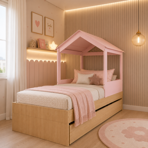 Bicama Infantil 2 em 1 com Telhadinho de Casinha Rosa Linha Play Quater