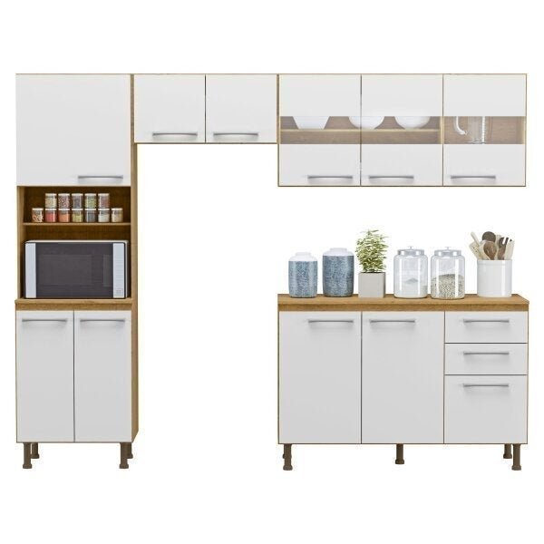 Cozinha Compacta 4 Peças Balcão com Tampo 3 Portas de Vidro Lara Espresso Móveis - imagem destaque 1