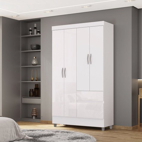 Guarda Roupa Solteiro Abruzzo 4 Portas de Bater 2 Gavetas com Cabideiro Branco G98 - Gran Belo