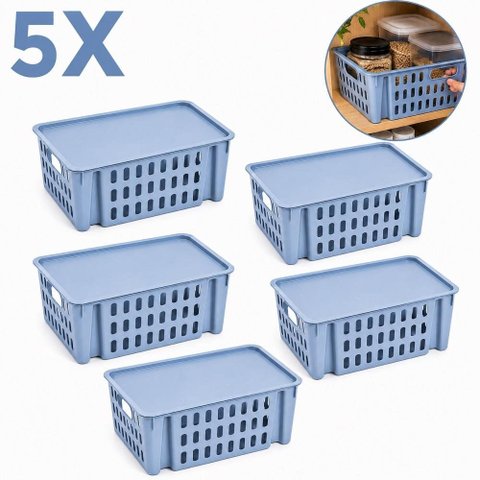 Kit 5 Cesto com Tampa Azul Organizador Caixa Empilhavel Infantil Multiuso Quarto Armario Gaveta Alim