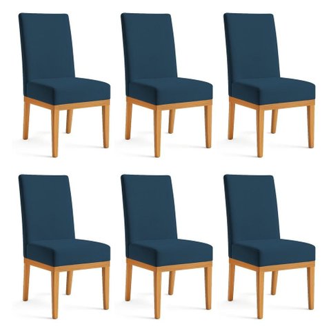 Kit 6 Cadeiras de Jantar Brisa Suede Azul Marinho Base de Madeira - Pallazio