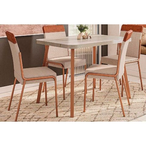 Conjunto: Mesa Sala Jantar Stellar 1598 Aço C/ Tampo Madeirado 120x80cm e 4 Cadeiras Duo Rose/petra