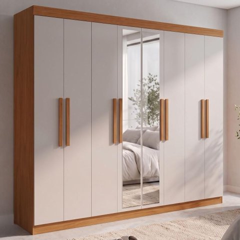 Guarda Roupa Casal Grande 8 Portas com Espelho Dubai Amêndoa/Off White