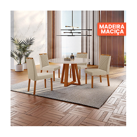Conjunto Sala de Jantar Mesa Floripa 110cm Tampo Redondo Vidro/MDF Off White com 4 Cadeiras Dallas C