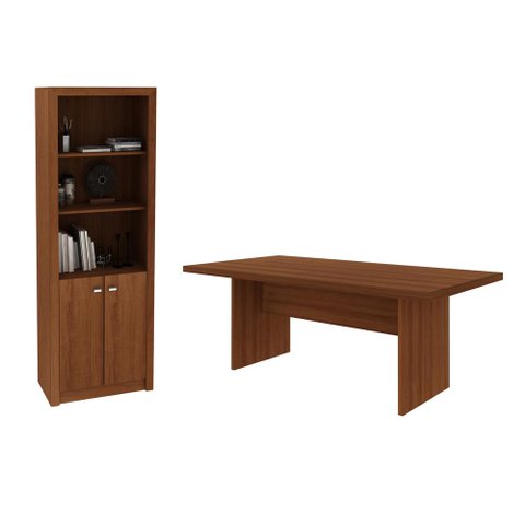 Escritório com Mesa para Computador Simples com Armário Pareteleira 2 Portas Amendoa - Fdecor