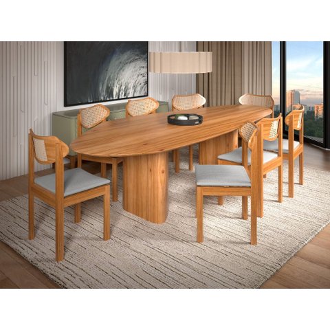 Sala de Jantar Florença 220cm com 8 Cadeiras Madeira Maciça Viena Linho Prata
