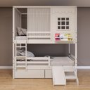 Ver imagem 1 de Beliche Casinha Reta com 02 Gavetas Grade Removível Escorregador e Cortina Madeira Maciça Branco