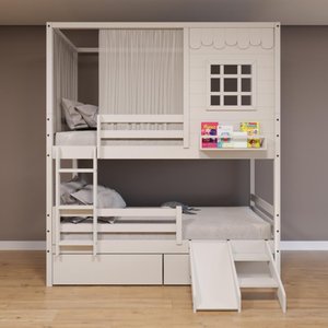 Beliche Casinha Reta com 02 Gavetas Grade Removível Escorregador e Cortina Madeira Maciça Branco