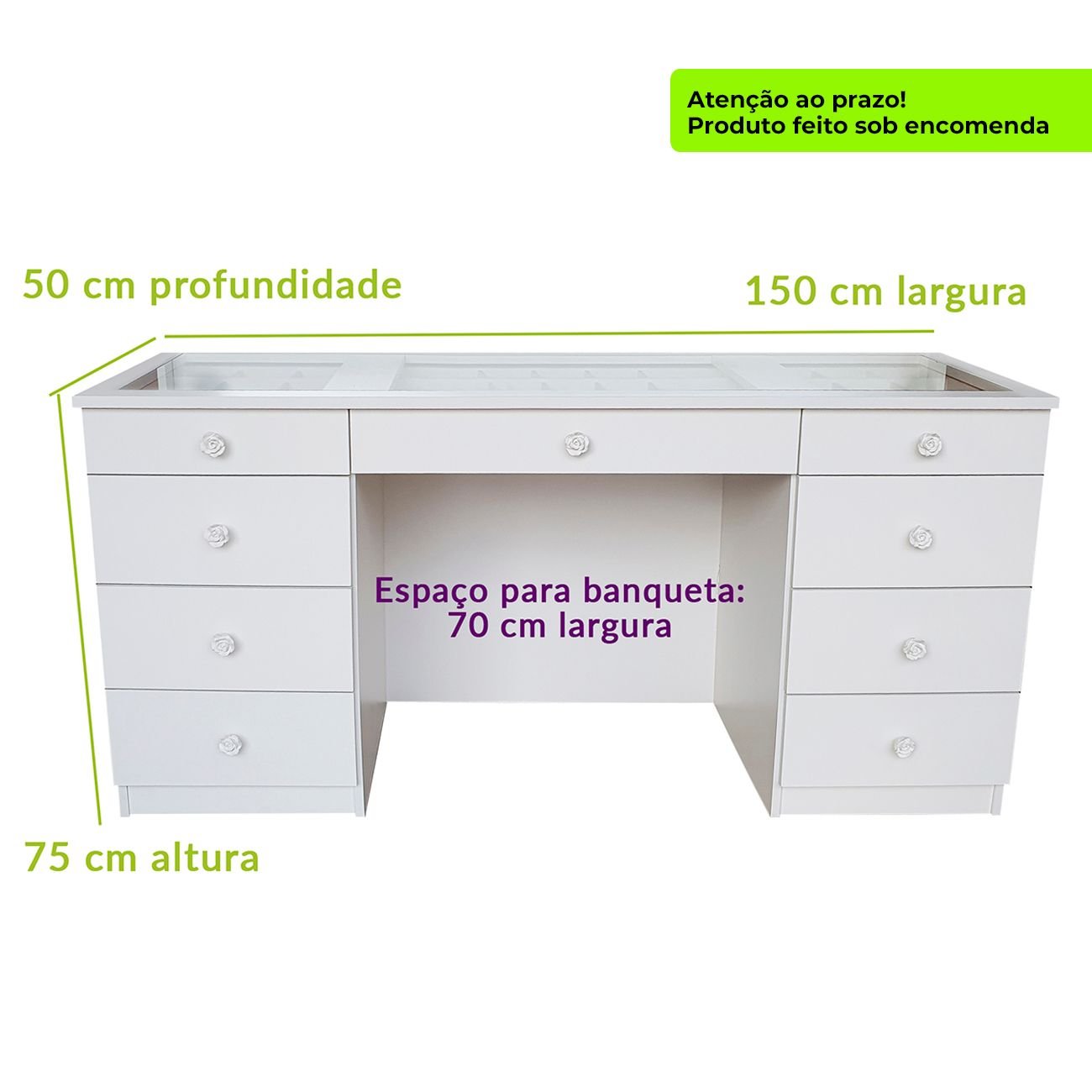 Bancada Vidro para Penteadeira 9 Gavetas 100% Mdf - Dom Móveis - 5