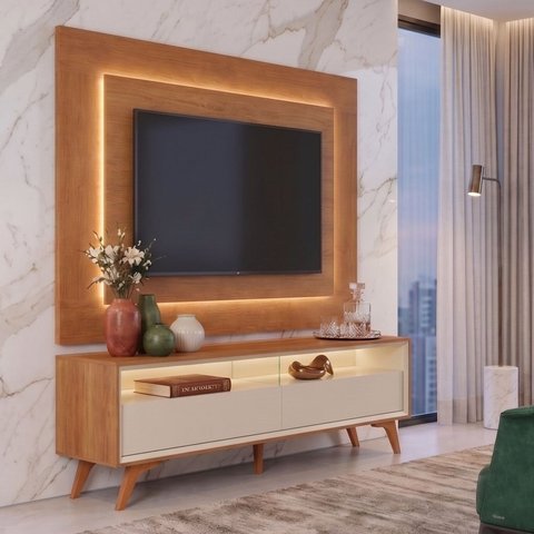 Rack com Painel para TV até 58 Polegadas com LED 100% MDF Pés em Madeira Maciça Austria