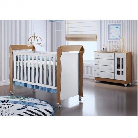 Conjunto Cômoda Fraldário Ariel e Berço Mini Cama Mirelle Marrom/Branco/Amadeirado