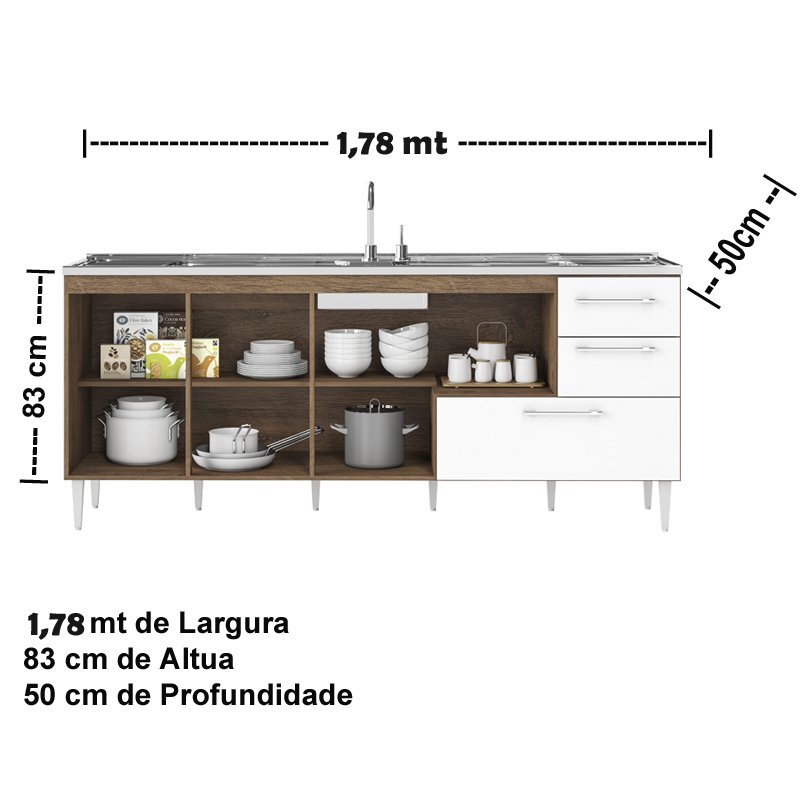 GABINETE BALCÃO PARA PIA DE 1,80 METRO COM GAVETÃO CASTANHO BRANCO - 3