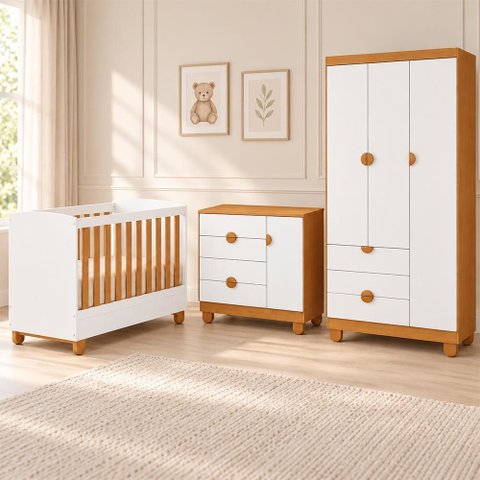 Dormitório Apolo com Guarda Roupa, Cômoda e Berço Branco Fosco/Savana com Colchão Supreme -