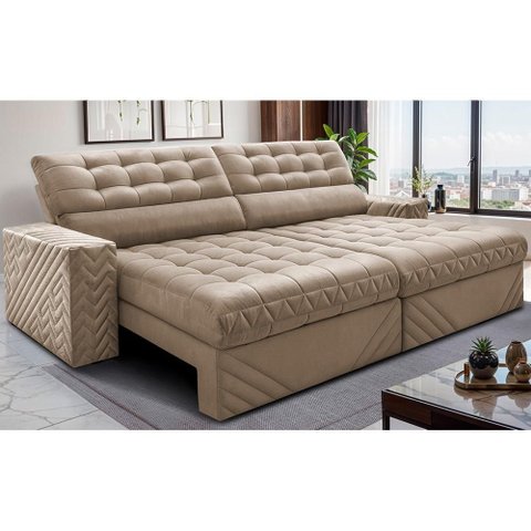 Sofá Retrátil e Reclinável 2,30m Molas Ensacadas Max Spring Velusoft Bege Cama Inbox