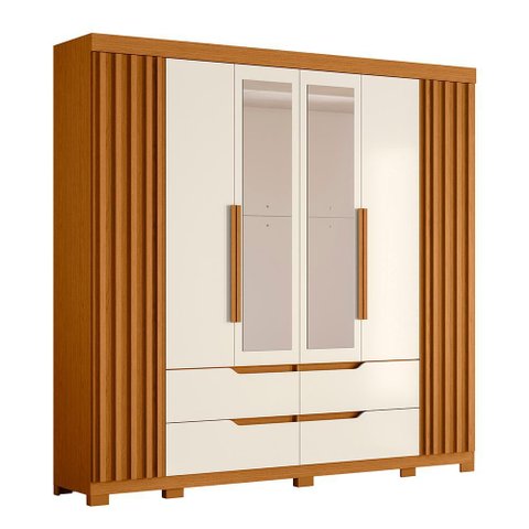 Guarda Roupa Casal Doble 4 Portas e 4 Gavetas Cinamomo/off White com Espelho - Móveis Albatroz