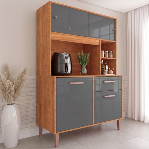Cozinha 90cm 4 Portas 1 Gaveta com Nichos Yescasa Cinza/Cinamomo/Grafite