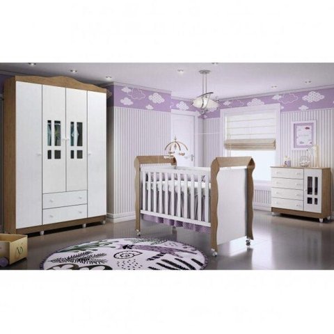 Quarto de Bebê com Guarda-Roupas 4 Portas, Cômoda Fraldário e Berço Mini Cama Ariel Mirelle Espresso