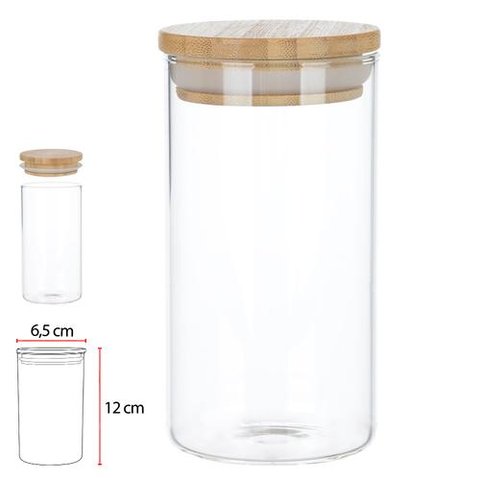 Pote Vidro Borossilicato 280ml 12x6,5cm Tampa de Bambu