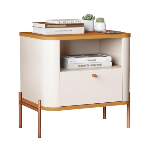 Mesa de Cabeceira Quarto Tucupí Slim 1 Gaveta e Pés de Metal Off White/nature/bronze