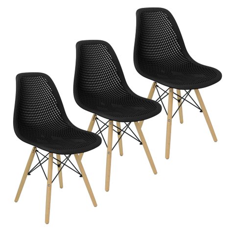 Kit 3 Cadeiras Colmeia Furadinha Heloisa Eloá Charles Eames Eiffel Base Madeira - Preta