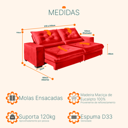 Sofá Retrátil e Reclinável 2,10m Suede Cancún Vermelho - 3
