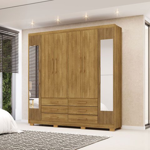 Guarda Roupa Dunas Casal 6 Portas de Bater 2 com Espelhos 6 Gavetas Mdf Nature G98 - Gran Belo