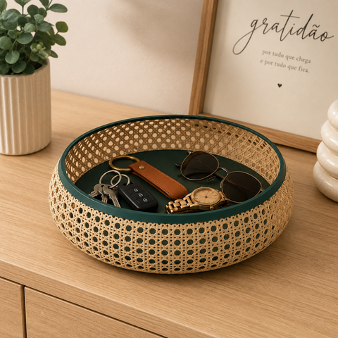 Bandeja Porta Objetos Multiuso Redondo Porta Treco Rústico Design Palhinha Treliça Rattan Sintético 