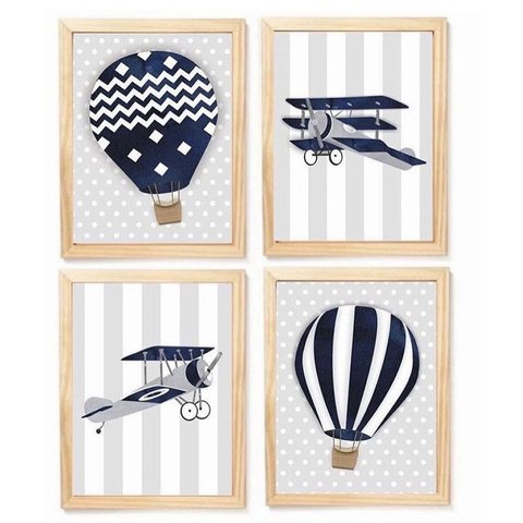 Kit Quadro Aviação Balão Decorativo Quarto Criança Bebê Enxoval
