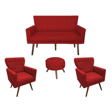 Kit Namoradeira + 2 Poltronas Decorativa Aurora + Puff Redondo Suede Vermelho Pés Madeira Ms Decor