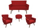 Ver imagem 1 de Kit Namoradeira + 2 Poltronas Decorativa Aurora + Puff Redondo Suede Vermelho Pés Madeira Ms Decor