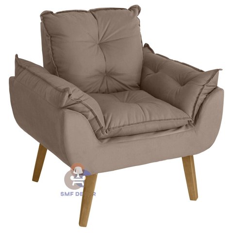 Poltrona/cadeira Decorativa e Puff Glamour com Pés Quadrado Capuccino