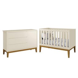 Jogo de Quarto Infantil Cômoda 1 Porta e Berço Classic Areia Fosco com Pés Amadeirado - Reller M - 1