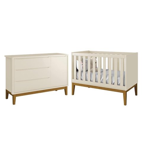 Jogo de Quarto Infantil Cômoda 1 Porta e Berço Classic Areia Fosco com Pés Amadeirado - Reller M