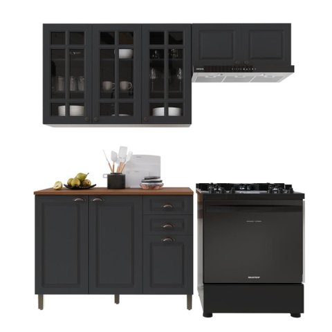 Armário de Cozinha Modulada Compacta Fidelitá Nara 100% MDF 3 Peças 200cm 8 Portas 2 Gavetas com