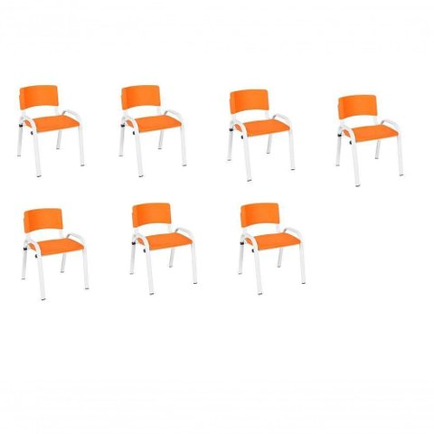 Kit 7 Cadeira Iso Infantil Creche, Base Branco Laranja