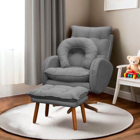 Kit Poltrona de Amamentação Base Giratória Balanço e Puff Angra Veludo - Sofa Store:Veludo Cinza Gra