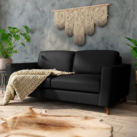 Sofá Sala de Estar Living 4 Lugares 280cm Presley Pés Madeira Couro Preto G52 - Gran Belo
