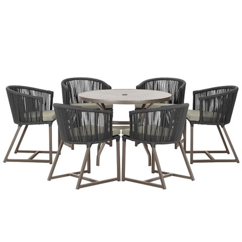 Mesa com 6 Cadeiras de Jantar Roma 120cm e Noronha em Alumínio Marrom Corda Náutica Estofado 8 Trama