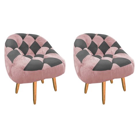 Kit 02 Poltrona Paloma Escritório Sala Pé Palito Suede Rosa Bebê e Suede Grafite - Dominic Decor